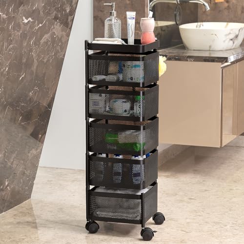 Kitchenwell Metal Multi-Purpose Trolley Storage Organizer and Kitchen Accessories Items for Kitchen Storage Rack Square Design Fruits & Vegetable Onion Cutlery (Matt Black, 5 Layer Drawer) 5 51ccbhl0SrL