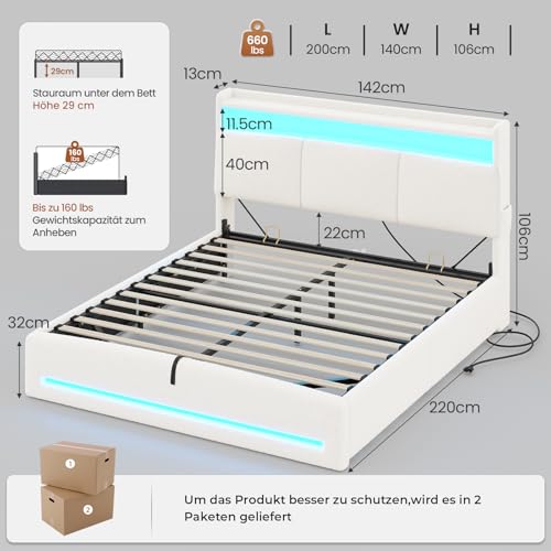 AOGLLATI Polsterbett 140×200 mit Steckdosen und LED-Beleuchtung, Doppelbett mit Stauraum Kopfteil, Bett 140×200 mit Hydraulische Metallrahmen und Lattenrost aus Holz, Bouclé, Beige(Ohne Matratze) – Bild 3