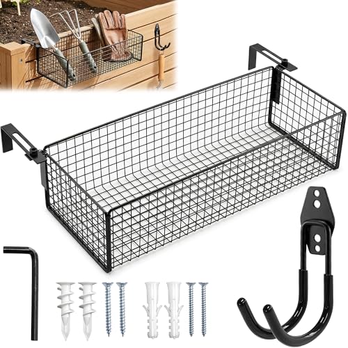 FULEIYA Metal Raised Garden Bed Hanging Storage Basket Includes Hooks, 15.6 x 5.8 x 3.8in Flower Bed Clip-On Hanging Organizer Basket for Raised Garden Beds Kit for Gardening Tools & Supplies