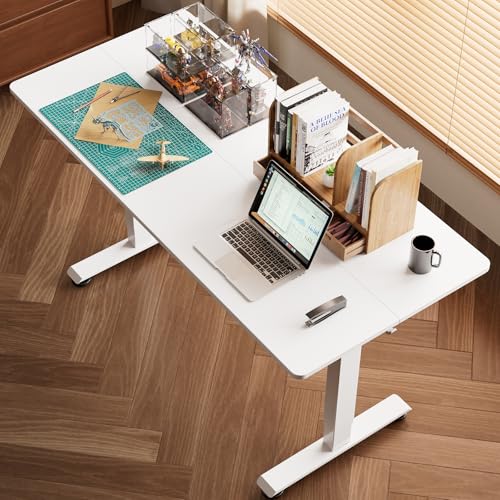 Veken 55 Inch Large Electric Standing Desk,Sit to Stand Up, Heights Adjustable, Work Home Office Computer Table for Study, Walking Pad, Writing, and Games, Wooden Desktop Desks, White