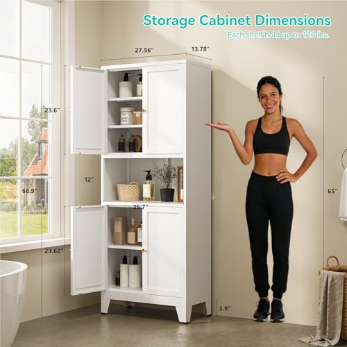 Image of 69 inch H Metal Pantry Cabinet with Open Shelf,13.78 inchDeep By 28 inch Wide Storage Cabinet with Doors and Adjustable Shelves,Microwave Stand,for Kitchen Dining Room Bathroom,White 1Pc