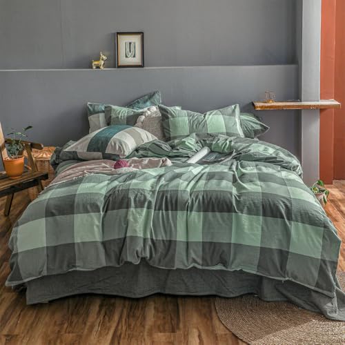 Nsnlgsgc TJM-SLDG-T Sage Green Checked 100% Washed Cotton Duvet Cover Twin Set thumb #1