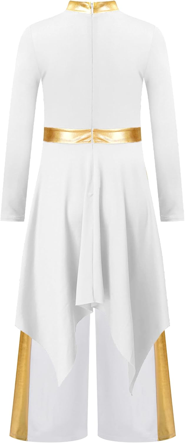 YiZYiF Kids Girls Asymmetrical Wide Leg Jumpsuit Praise Dance Outfit Lyrical Prayer Clothes Worship Dress
