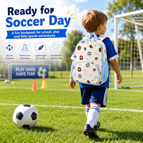 Image of LOIDOU Kids Preschool Backpack for Boys, 15 Inch Multi-Sport School Bag with Soccer and Football Print, Lightweight Water-Resistant Kindergarten Backpack with Chest Strap for Ages 3-6