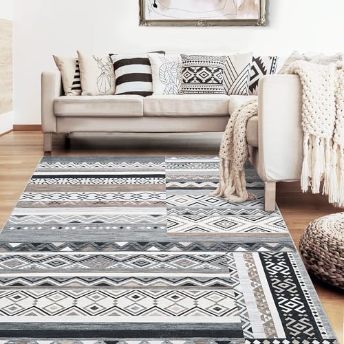 GarveeHome Vintage Geometric Patchwork Grey Rug for Living Room 6x9 Machine Washable Area Rug, Non-Slip Low-Pile Indoor Tribal Accent Carpet, Indoor Foldable Floor Cover for Bedroom Office