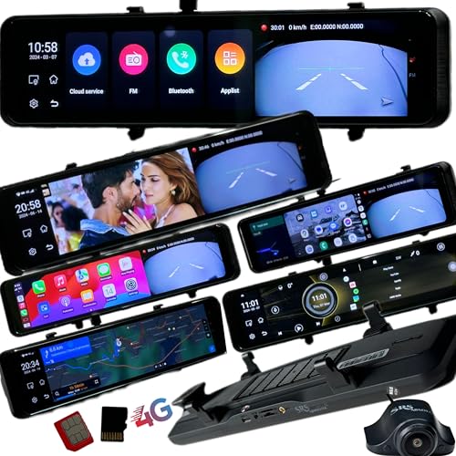 SRS ABSOLUTE 2K 4G Mirror Dash Cam Android ADAS Wireless CarPlay Steering control 24×7 Live Audio Video GPS Track Record BT WIFI HotSpot 1TB MicroSD SIM Support Map App PlayStore Split Screen S12Ultra