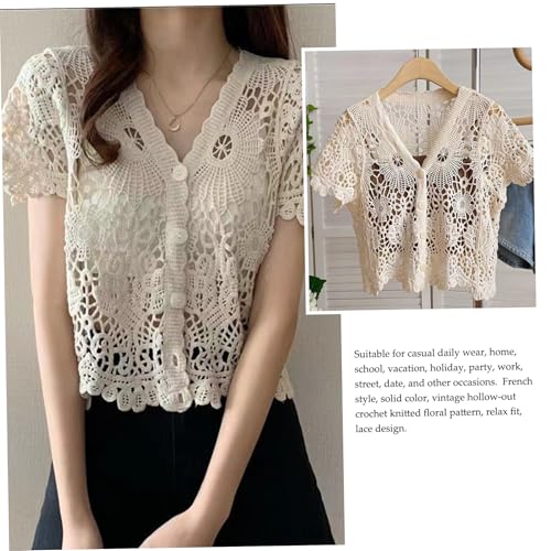 Lace Cardigan, Lace Cardigan for Women, V Neck Short Sleeve Hollow Out White, Button Up Crochet Shrug for Summer, One Size3