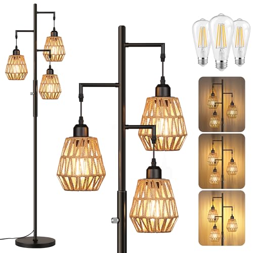 QiMH Farmhouse Floor Lamps for Living Room, Industrial Standing Lamp with 3-Lights Boho Rattan Shades, 68' Modern Rustic Tree Tall Lamps for Bedroom Office, Rotary Switch, 3 LED Bulbs Included