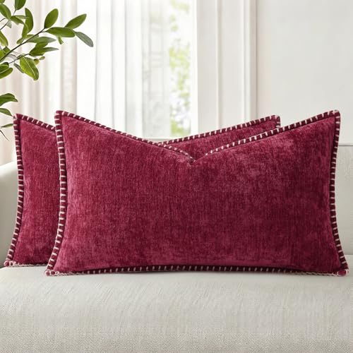 Image of decorUhome Fall Chenille Soft Cozy Throw Pillow Covers 12x20 Set of 2, Modern Farmhouse Boho Velvet Decorative Pillow Cases with Stitched Edge for Couch Sofa Bed Home Decor, Rhododendron