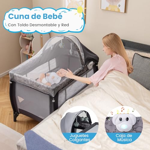 COSTWAY Cuna de Viaje para Bebé 4 en 1, Parque Plegable Portátil con Cambiador, Dosel y Red, Caja de Música, Colchón y Bolsa de Transporte para Bebés (Gris Claro) - imagen 4
