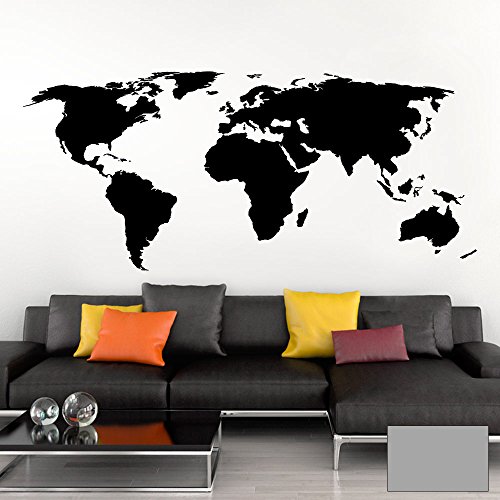 Grandora Wandtattoo Weltkarte Erde Globus Karte I Silbergrau 100 x 44 cm I Welt Atlas Schlafzimmer Wohnzimmer Wandsticker Wandaufkleber W698
