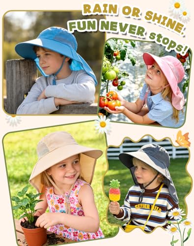 Image of Rosoz Kids Sun Hat with Neck Flap UV Protection Summer Toddler Beach Hat Unisex Ponytail Hat Wide Brim Fishing Hat