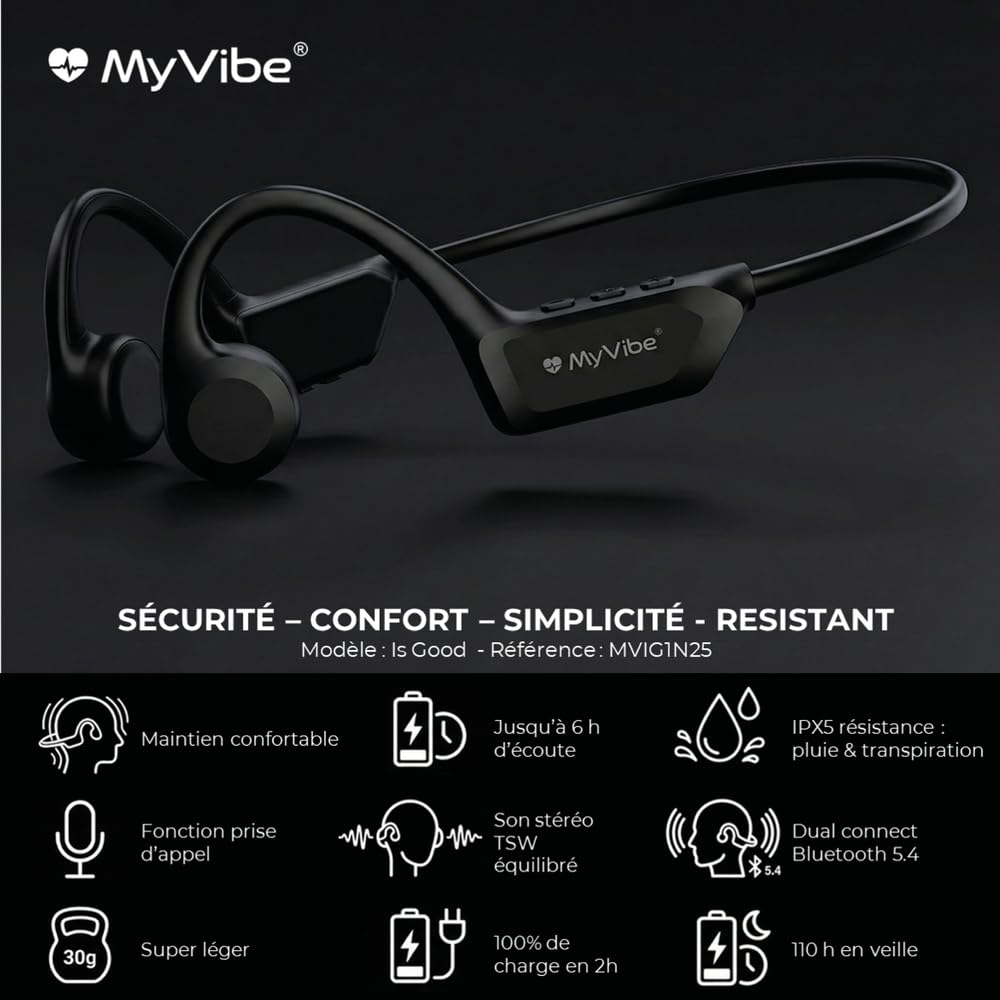 MYVIBE is Good Casque Conduction Osseuse Bluetooth 5.4 – Écouteur Conduction Osseuse Oreilles Ouvertes avec Micro, IPX5 Étanche – Ultra Léger 30g – Course à Pied, Cyclisme hors route, Randonnée, Sport