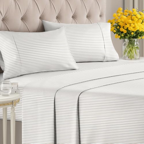 Image of Full 4 Piece Striped Sheet Set - Breathable & Cooling - French Country | 1 Flat, 1 Fitted & 2 Pillowcases w / Deep Pockets, Luxury Striped Bedding, Soft, Breathable & Cooling, Wrinkle & Fade Free
