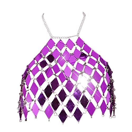 Fancyes Crop Top de lantejoulas Top de corrente de metal, Beach Women Nightclub, Top de sutiã Sparkl