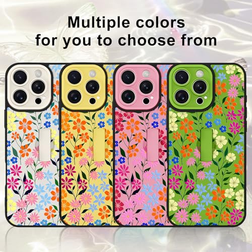 Image of for iPhone 16 Pro Max Case with Finger Strap Holder, Cute Colorful Floral Flower Print Pattern Design for Women Girls, Shockproof Anti Scratch Hand Kickstand Protective Cover, Green