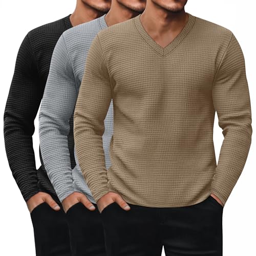 La mejor comparación de Prendas de punto para Hombre al mejor precio. 43 Ficerd - Paquete de 3 camisas de manga larga para hombre, cuello en V, ropa interior térmica S-3XL, suéter de punto casual de algodón, Negro, Gris, Caqui, Large