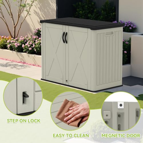 Image of Devoko 26 Cu Ft Plastic Outdoor Storage Cabinet, Beige | Horizontal Resin Storage Shed with Lockable Door, Water-Resistant Backyard Storage Box for Garden Patio, Shelf Not Included