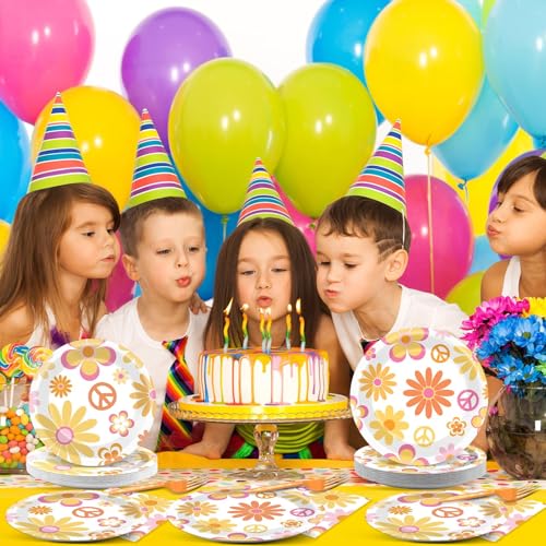Image of ZOIIWA 200 PCS Groovy Birthday Tableware Disposable Hippie Daisy Flower Plates Napkins Party Supplies 60s 70s Two Retro Boho Dinnerware Set Hippie Party Baby Shower Decoration Serve 50 guest