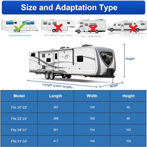 Image of Kayme 300D Oxford Travel Trailer RV Cover, Tearproof Waterproof Windproof 28-31ft Camper Cover, RV Tarp Anti-UV Snowproof with Zipper Door, Wind Protector Straps，4 Tire Covers, and Jack Cover.