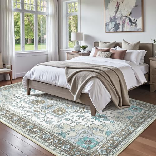 Carpelux 5x7 Area Rugs for Living Room, Machine Washable Non Slip Carpet, Vintage Floral Aesthetic Rug, Dining Home Decor, Dew, Light Blue/White — view 2
