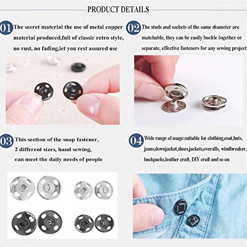 Fuman Forest 100 Sets Sew-On Snap Buttons Metal Snaps Fasteners Press Studs Buttons For Sewing, 8.5 Mm,10 Mm & 12Mm,Black & Silver, (Fuman-034) #TOP5