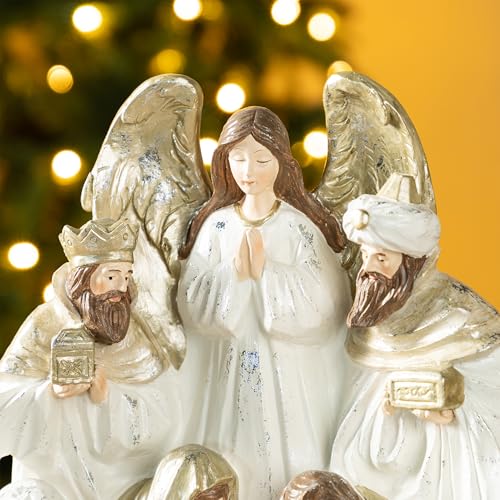 Image of Glitzhome Nativity Figurines Set Indoor Christmas 13 inch H, Gold Ivory White Holy Family Wise Mens Shepherd Angel Sets & Figures, Hand Painted Nativity Tabletop Scenes Xmas Figurines for Home Decor