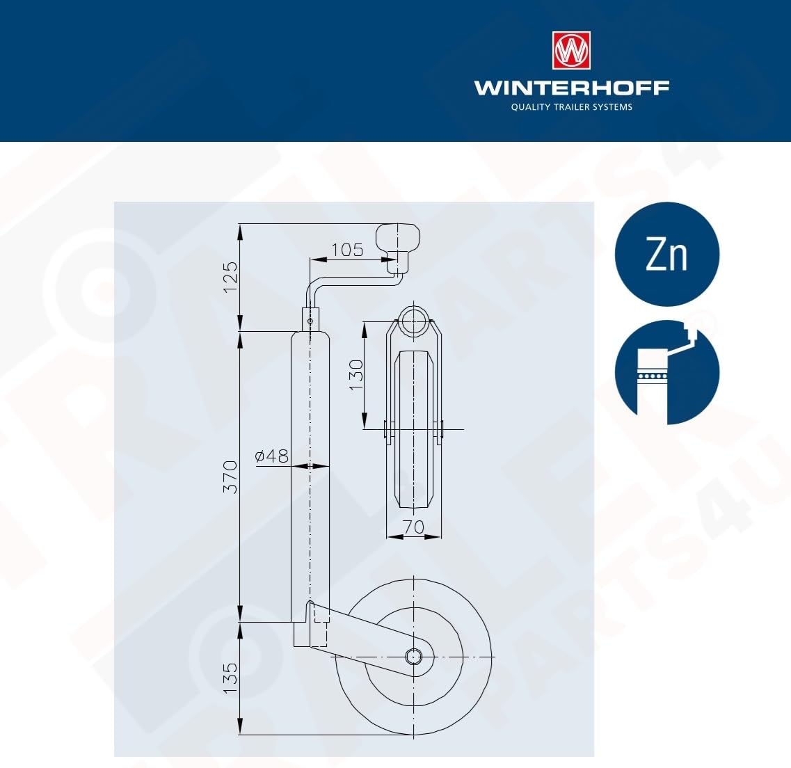 p4U Winterhoff - Ruota da fantino con supporto per rimorchio e roulotte, 150 kg, 48 mm