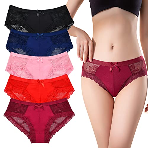 Daelesr Braguitas de Encaje Mujer Pack de 3/5, Sexy Ropa Interior con Lazo, Cintura Baja Culotte Bikini Slip para Mujeres
