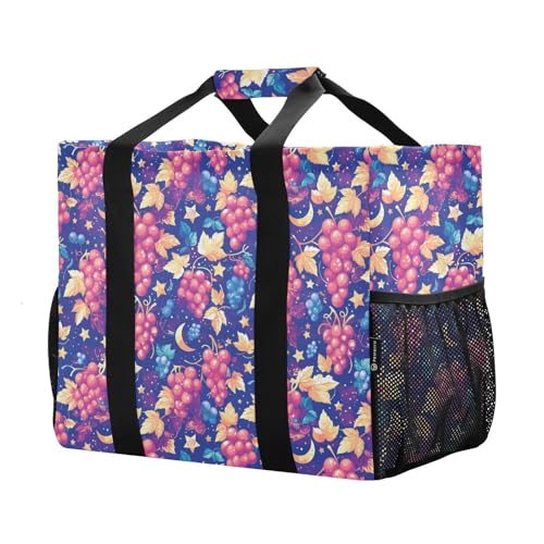 linqin Hot Pink Grapes Blue Utility Bag Canvas Foldable Shopping Bags for Groceries with Compartments for Laundry2
