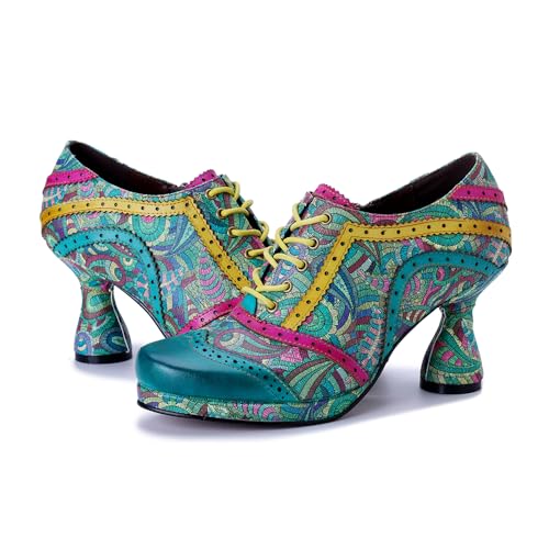 CrazycatZ Women's Bright Color Patchwork Studded Leather & Fabric Chunky Block Heel Pumps - Retro Party Dress Shoes4