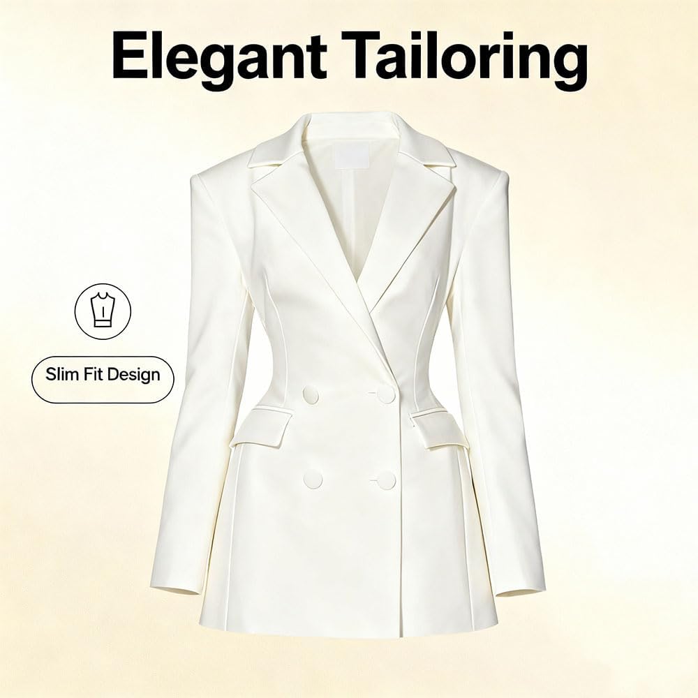 Women’s Satin Blazer Dress V Neck Double Breasted Long Sleeve Lapel Formal Cocktail Party Mini Dress - Image 6