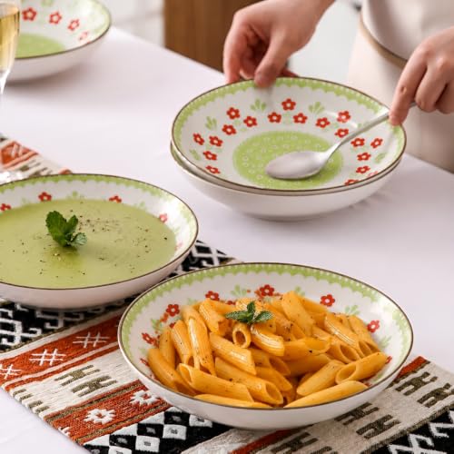 Image of Ceramic Pasta Plates, Green Floral Printed Deep Dinner Plates, Serving Plates, Microwave & Dishwasher Safe, Ceramic Plates for Pasta, Salad, Noodles & Biryani (Green & Red Floral Design, PACK OF 2)