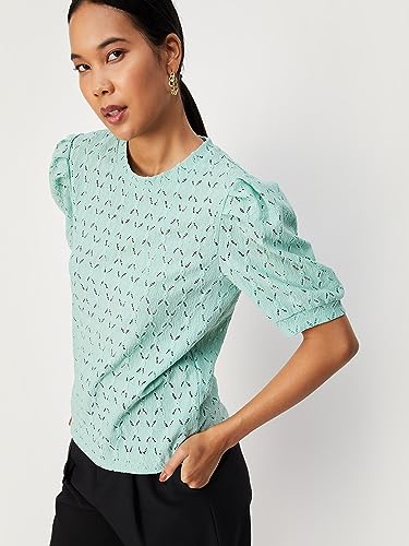 Image of Max Women Schiffli Knit Puffed Sleeve Regular Fit Top