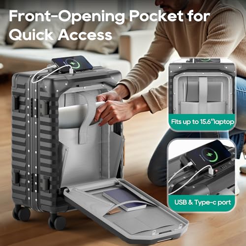 Image of Joyway 20 Inch Carry on Luggage with Aluminium Frame and Front Pocket, PC Hardshell Suitcase with USB Port and Cup Holder, 21.5x14.2x9 Airline Approved, Luggage with Spinner Wheels and TSA Lock (Grey)