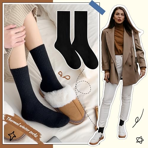 Image of EBMORE 5 Pairs Women Merino Wool Boot Socks Warm Thermal Winter Thick Hiking Cozy Cabin Crew Comfy Socks for Ladies