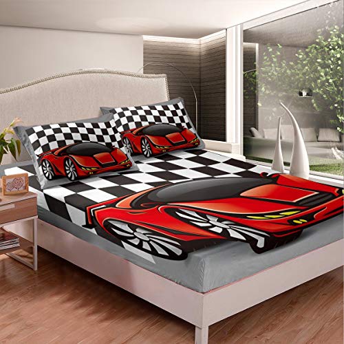 Erosebridal Racing Car Sheet Set Cool Speed Race Car Fitted Sheet for Kids Boys Teens Automobile Pattern Bedding Set Twin Size Grid Extreme Sport Bed Cover Lightweight Bed Décor(NO TOP Sheet