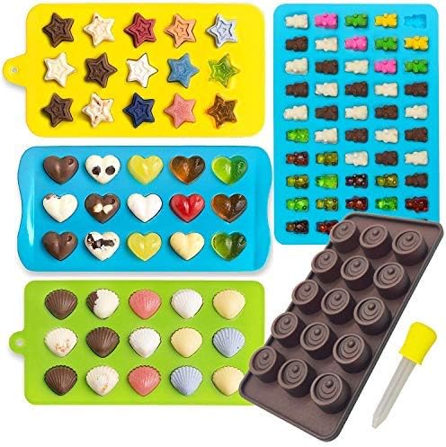 Candy Molds & Silicone Chocolate Mold | Jello & Ice Cube Trays | Set of 4 | Non Stick & BPA Free | Hearts, Stars, Shells & Gummy plus 1 dropper - by Lucentee