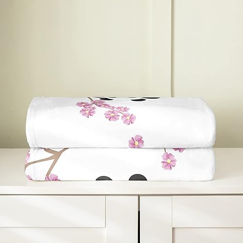 Miniatura 6 de Manta de panda de dibujos animados para niños y niñas, manta de forro polar con diseño de flor de cerezo rosa, tamaño Queen, manta de franela Kawaii