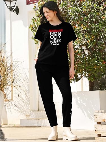 Image of ZEYO Night Suit for Womens Typography Printed Cotton Night Dress of Top and Joggers
