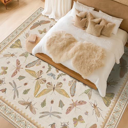 Large Western Rugs for Living Room - 10x14 Insect Area Rug for Dining Room Under Kitchen Table, Washable Low Pile Soft Boho Butterfly Decor 10' x 14' (Rectangular) Beige / Multi