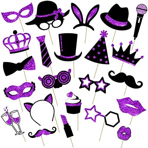 24 Pieces Party Photo Booth Props Mix of Hats, Lipstick, Tie, Crowns for Birthday Weddings Graduation Party Supplies (Black and Purple)