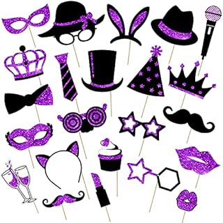 24 Pieces Party Photo Booth Props Mix of Hats, Lipstick, Tie, Crowns for Birthday Weddings Graduation Party Supplies (Black and Purple)