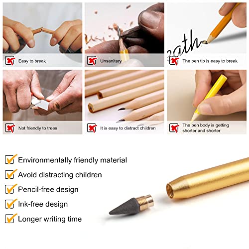 Auauy 2Pcs Metal Inkless Pencil, Infinity Pencil, Reusable Everlasting Pencil, Replaceable Nib Pencil With 2 Replaceable Nib For Writing Drawing Students Home Office School Supplies（Gold & Pink） #TOP2