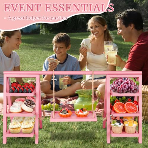 Image of Flenpptly Wooden Cupcake Stand, 3 Tier Cupcake Display Stand for Dessert Display, Dessert Stands with Serving Tray and Foldable Stand for Party, Birthday, Wedding, Events, Baby Shower (Pink)