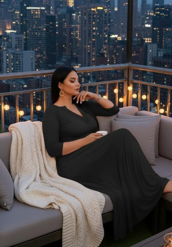 Elegant Church Maxi Dresses for Women Plus Size V-Neck 3/4 Sleeve Casual Fall Dress with Pockets - Image 6