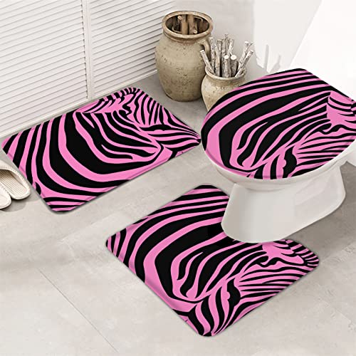 Zebra Muster Memory Foam Badematte Set, 3 Stück Badezimmerteppiche Abosrbent Matten, U-förmiger Konturteppich und WC-Deckelbezug für Dusche und Badewanne, Rosa Schwarz Zebra Tierstreifen – Bild 5