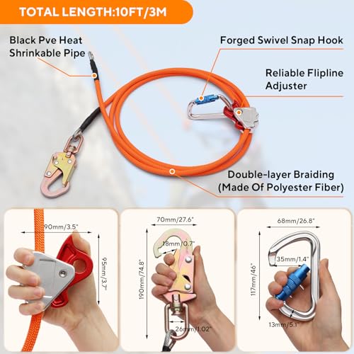 Image of 10ft Steel Wire Core Flipline, 3300Lbs Arborist Positioning Lanyard Kit | Arborist Flip Line Tree Climbing Gear with Swivel Snap Hook, Triple Lock Carabiner & Rope Grab Adjuster