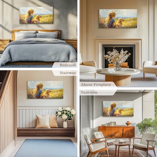 SERIMINO Portrait Landscape Wall Art, Lady and Dog Large Wall Decor, Animal Golden Retriever Cute Canvas Prints, Meadow Wildflowers Rustic House Decorations Living Room Bedroom Bathroom 20"X40"