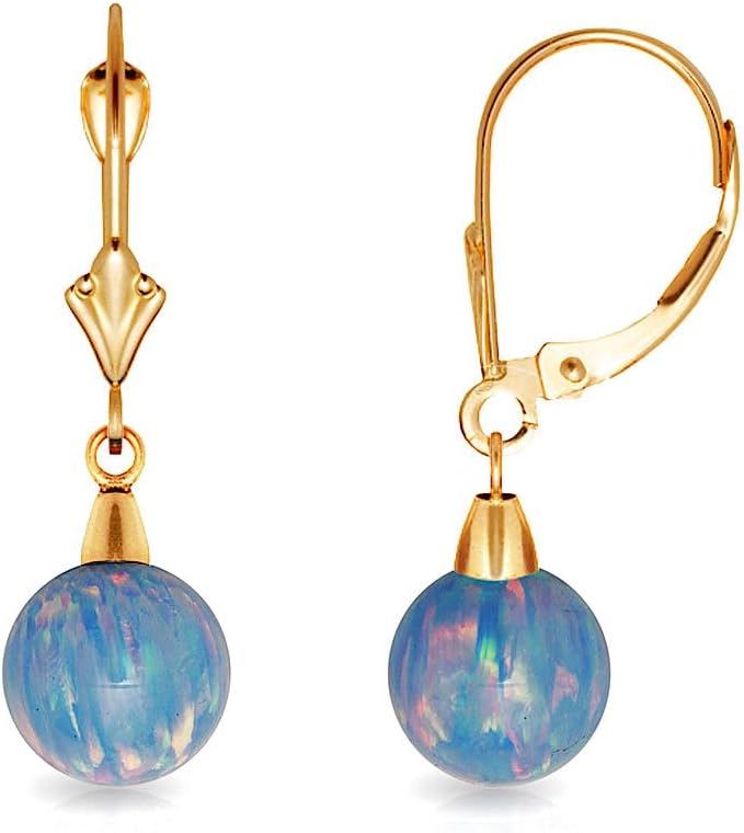 14k Yellow Gold Light Blue 8x8mm Simulated Opal Ball Drop Leverback Earrings 27x8mm Ball Earring for Women